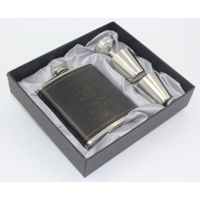 Botol Hip Flask Stainless Steel Leather dengan Shot Glass 7Oz