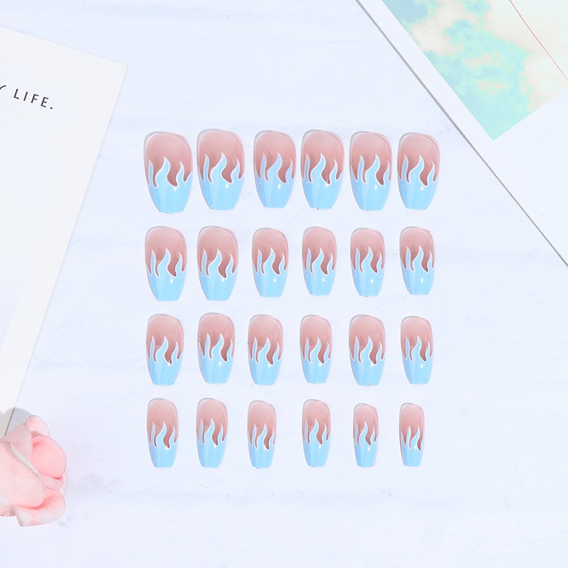 [Full] 24pcs KUKU PALSU Coffin Head Natural Fire Flame Nail Tips Fake Nails Full Cover