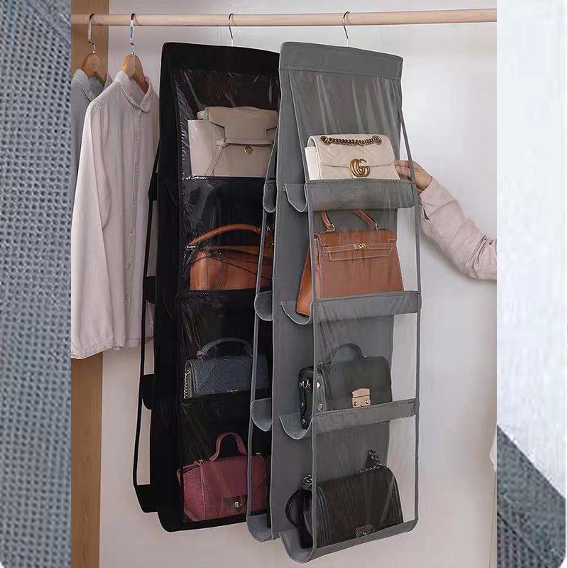 Rak Tas 6 Sekat Gantungan Tempat Penyimpanan Serbaguna Hanging Bag Organizer 6 Pocket Susun Anti Debu Storage Mika Transparant