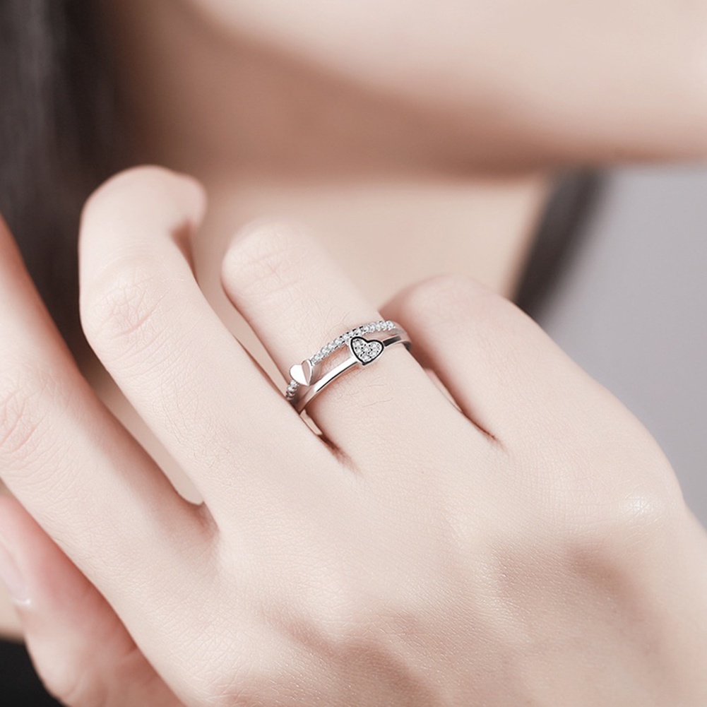 Hu Hu Hu Hu Hu Alat Bantu Pasang Kacamata♡ Cincin Model Terbuka Desain Hati Ganda Aksen Berlian Imitasi Untuk Wanita