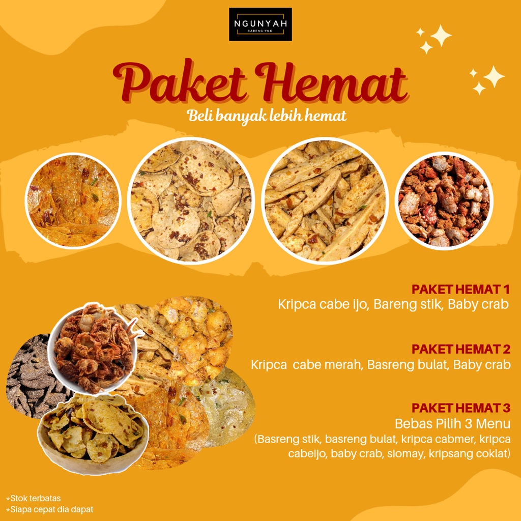 

Promo paket hemat beli 3 kripca/basreng/siomay/babycrab
