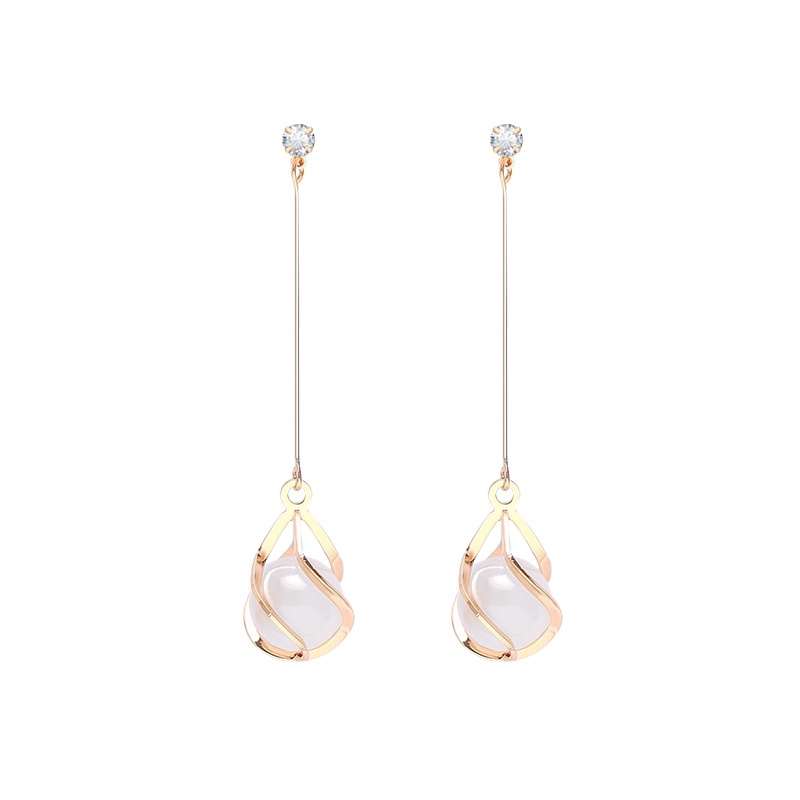 Anting Gantung Panjang Model Hollow Dengan Rumbai Opal Untuk Wanita