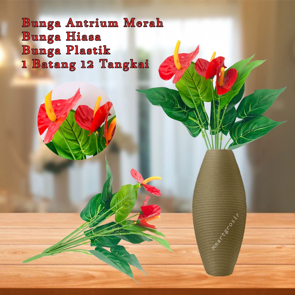 Bunga Antrium Merah / Bunga Hiasa / Bunga Plastik / 1 batang 12 tangkai