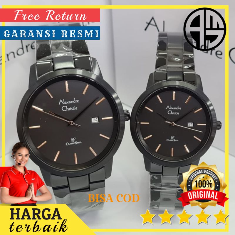 Premium (RRW) PROMO JAM TANGAN ALEXANDRE ALEXANDER CHRISTIE AC 8645 FULL BLACK COUPLE SEPASANG