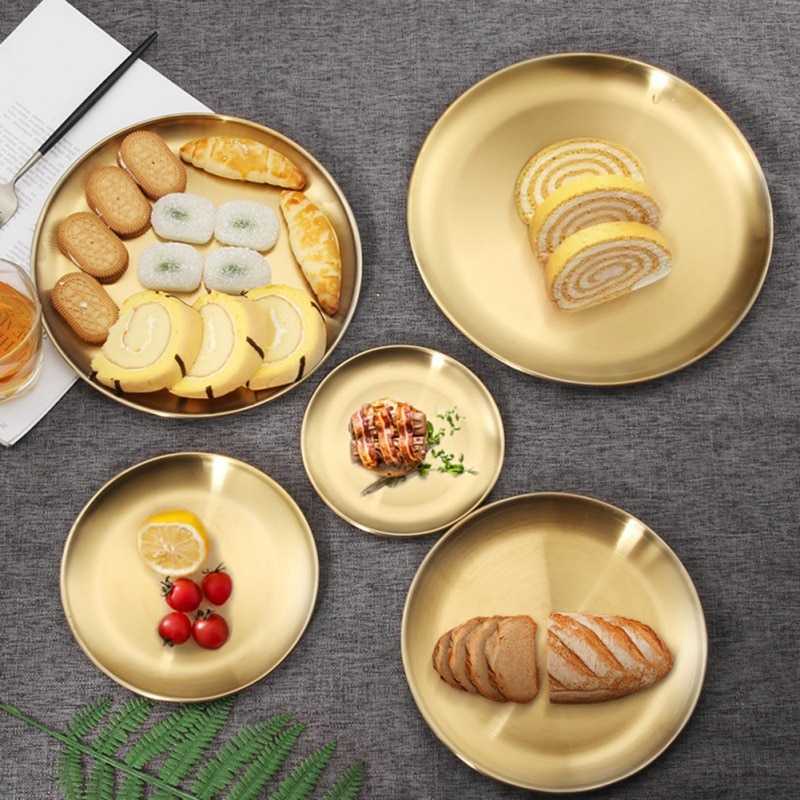 One Two Cups Piring Makan European Style Stainless Steel / Piring Stainless Stainlis Stenlis Melamin Lebar Tebal Bulat Nampan Gold Eropa Dekorasi / Piring Eropa Set Makan Saji Silver High Quality / Nampan Baki Gaya Eropa Nordic Style Desain Mewah Murah