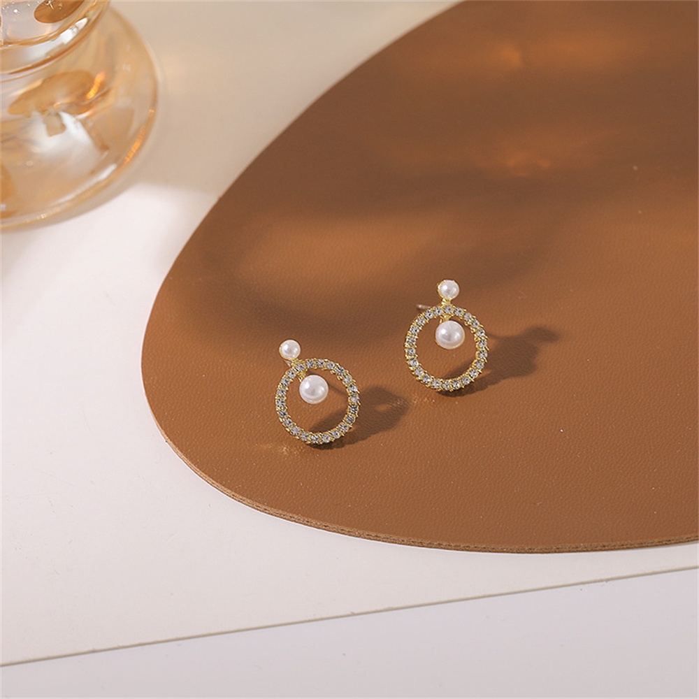 1 Pasang Korea Gaya Baru Ringan Mewah Bulat Geometris Zirkon Pearl Stud Earrings untuk Wanita