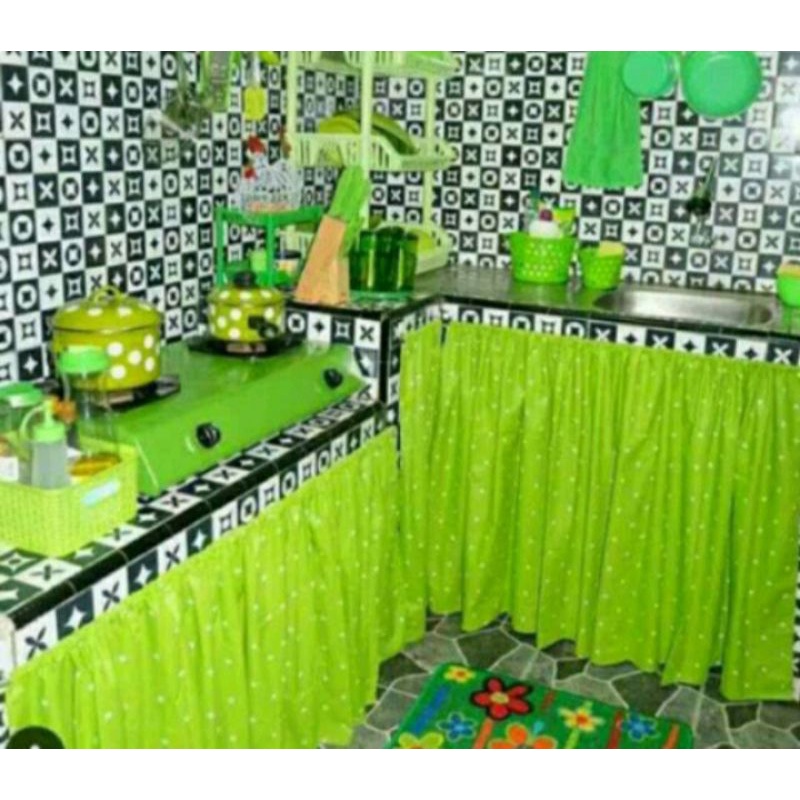 gorden kolong dapur / tirai dapur / korden bawah meja motif polkadot hijau / dotty midori