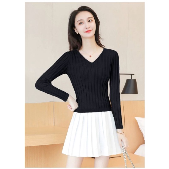 Sweater Basic V neck Soft Knit Import - Blouse Rajut Polos V neck TM (C506)