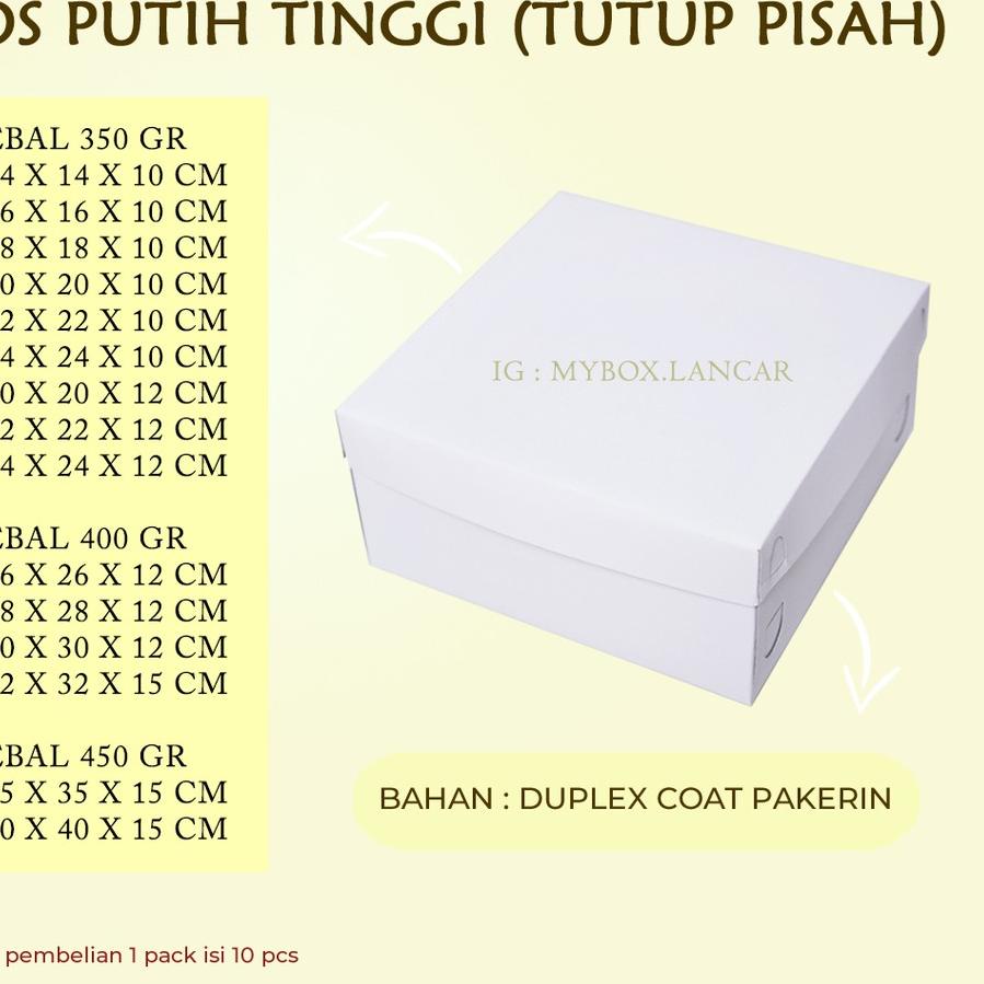 

Terbaik! 10 LEMBAR BOX TART PUTIH 22 X 22 X 10 CM, DUS TART PUTIH TUTUP PISAH , KEMASAN TAR KUE