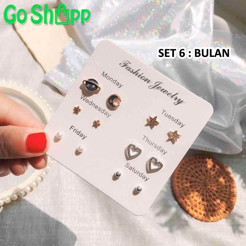 Anting Wanita Fashion Korea 1 Set - Anting Tusuk Earring Wanita Import Fashion Korea Terbaru [AT01]-SET 6 : BULAN