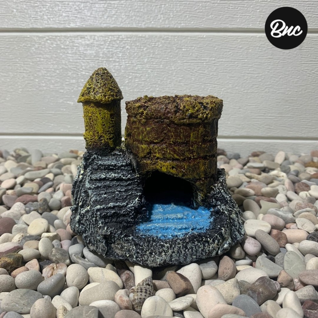 Hiasan Aquarium Ornamen Aquascape Kastil Castle Kuning Semen Bukan Resin Fiber Kuat Tahan Lama
