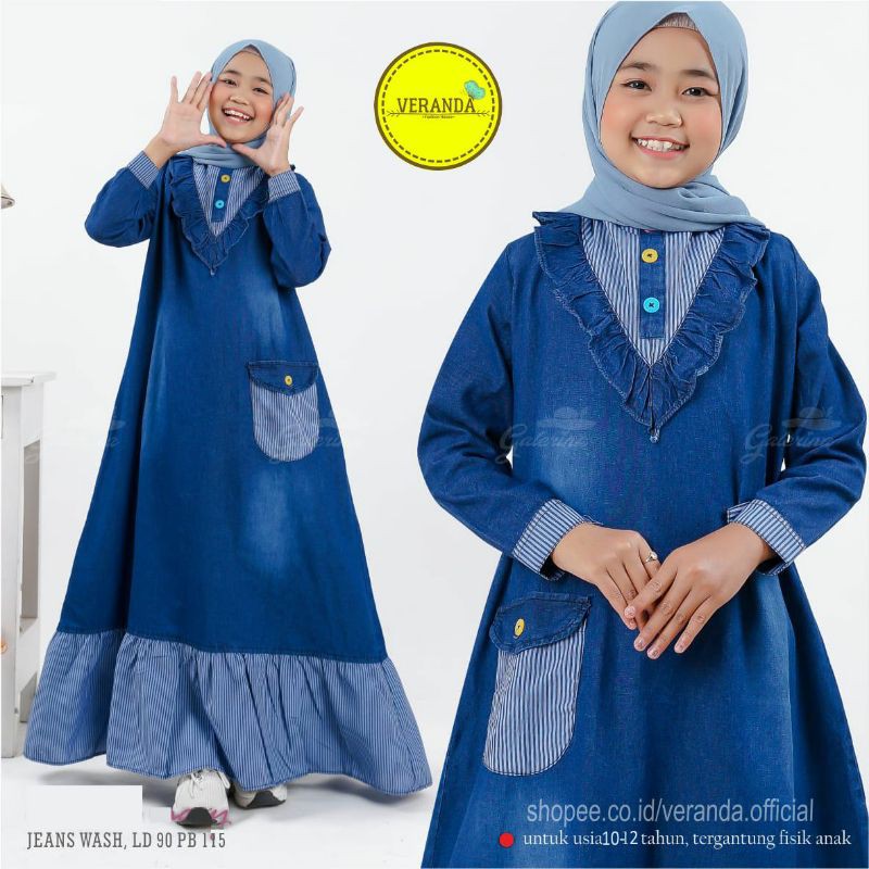 Laudya Gamis Jeans Anak Perempuan Tanggung Usia 10-12 Tahun Maxy Jins Rempel Susun Remaja Garis Gari