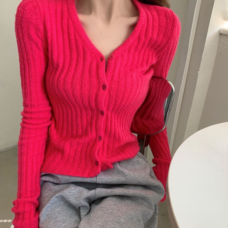 Red V-Leher Rajutan Sweater Wanita Musim Semi dan Musim Gugur Pendek Slim Fit Mawar Merah Bagian Dalam Bawah Kemeja Sweater Mantel Cardigan Atasan Lengan Panjang