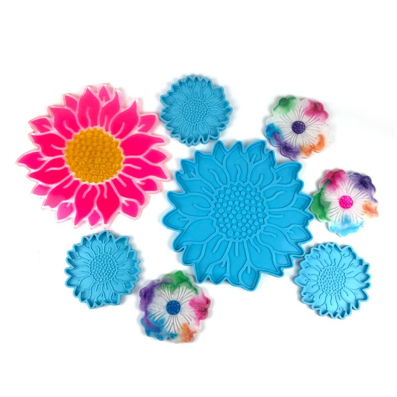 Glitter 5 Pcs Sun Flower Tray Epoxy Resin Mold Serving Plate Casting Silicone Mould DIY Crafts Cup Mat Making Tool