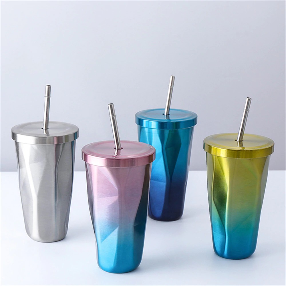 304 Stainless Steel Mugs Lid Straw Cola Fruit Juice Ice Beer Coffee Mugs Gradient Silver Purple