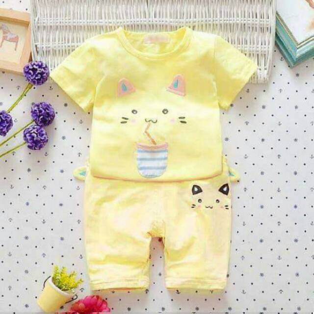 Setelan Anak Cewek Juicy Funny Cat Yellow Set 2in1 (baju, celana)