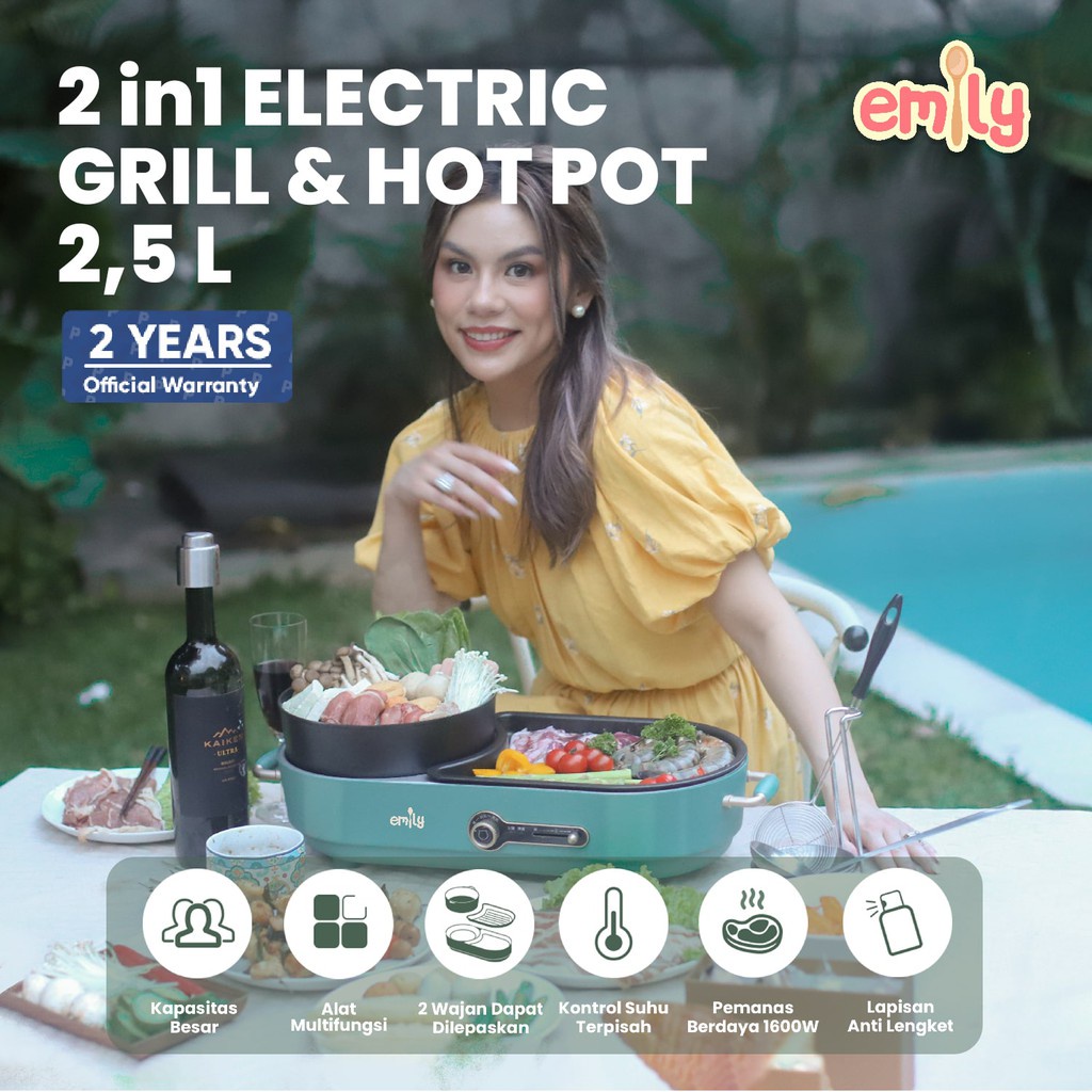 Castle - Emily EHP-11504 2 in 1 Electric Grill and Hot Pot 2.5L / Pemanggang Perebus Makanan - Hotpot &amp; Grill Emily - Panci Elektrik - Panci Listrik