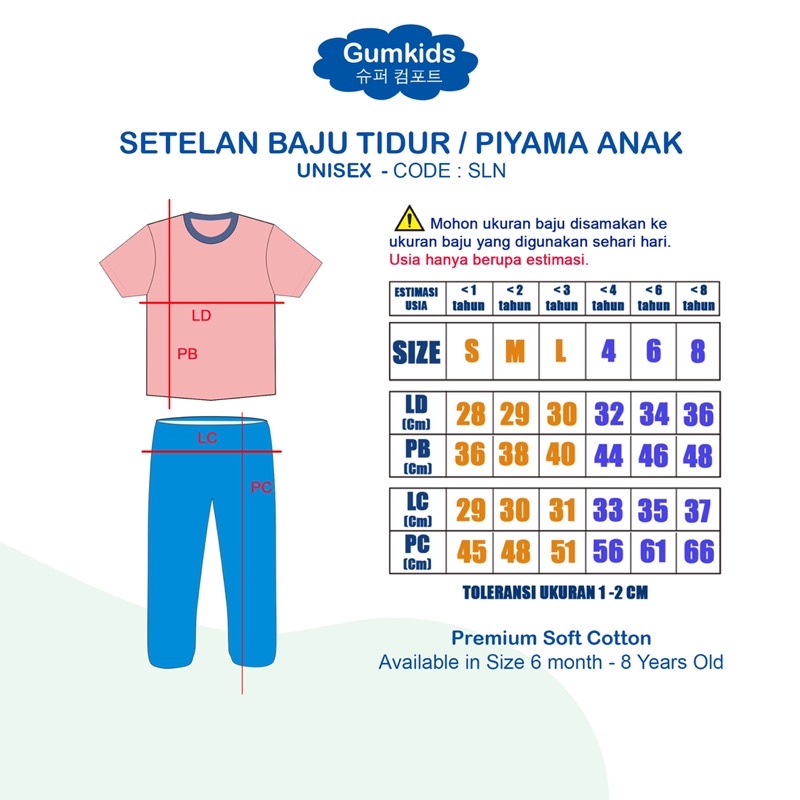 GUMKIDS SETELAN BAJU TIDUR PIYAMA ANAK 1 - 8 TAHUN COWOK CEWEK / BAJU SANTAI KAOS CELANA ANAK