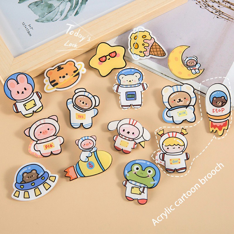 COD❤️Bros Akrilik lucu Kreatif Kartun Astronot Bros Anak Cute Gadis Aksesoris Tas Pakaian Liontin Brooch Pin Lencana Korea