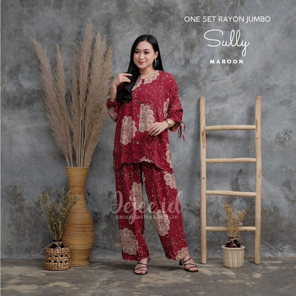 SETELAN RAYON JUMBO LD 120 CM BIG SIZE SUNDARI SET PIYAMA TIE DYE LENGAN PANJANG KANCING-SULLY-MAROON