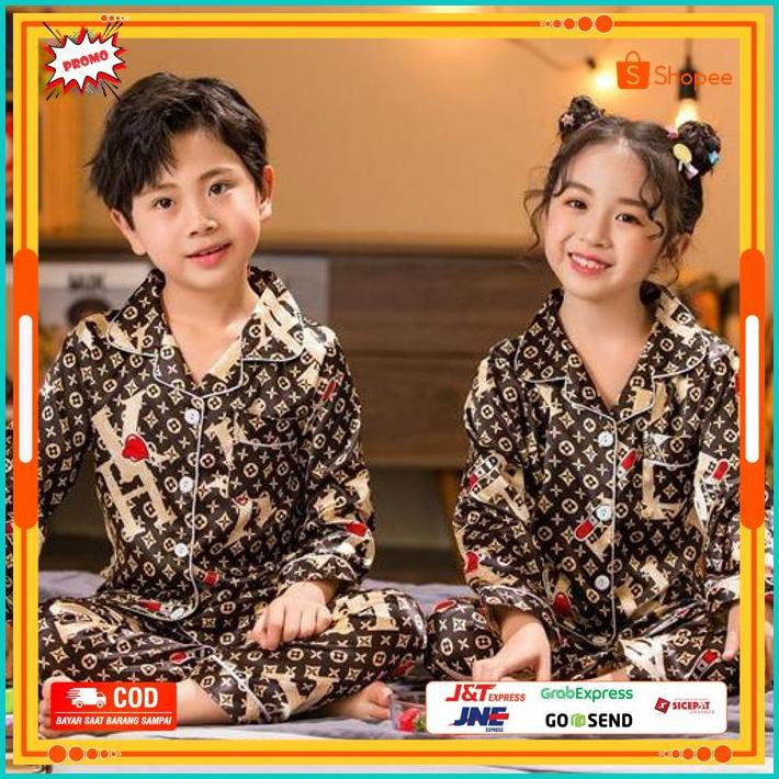 Cod Piyama Anak Branded Kekinian Baju Tidur Anak Satin Lv Import - Size 12 Ready Stock