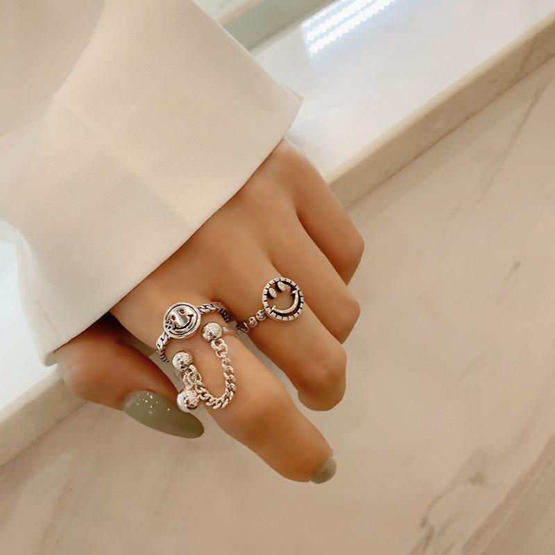 Cincin Motif Smiley Face Bahan S925 Silver Plated Gaya Korea Untuk Wanita