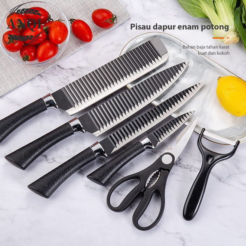 Pisau Dapur Hitam Set Isi 6pcs Black Knife Set Set 6 pcs Black Pemotong Gelombang Baja  Tahan Karat