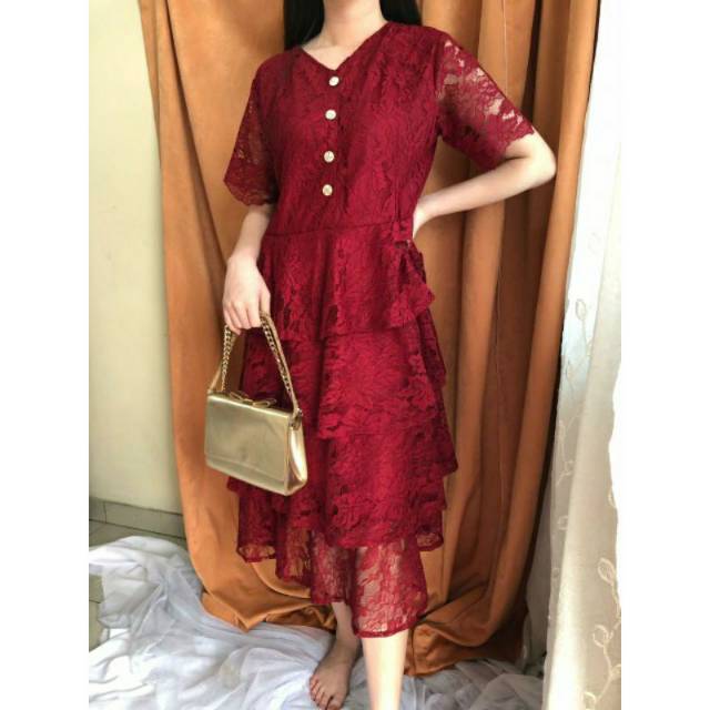 Ken-109 Dress pesta tingkat brokat semi long dress Dress kondangan