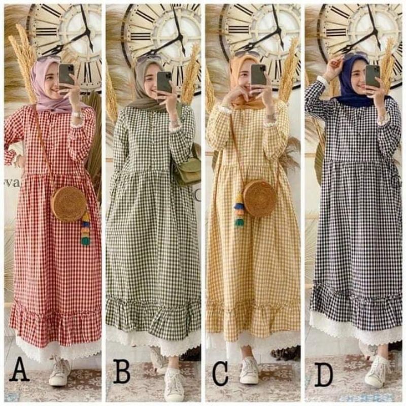 Zeline Maxi - Dress Muslim Gamis Motif Kotak Bahan Katun Terbaru - MURAH/Bisa COD