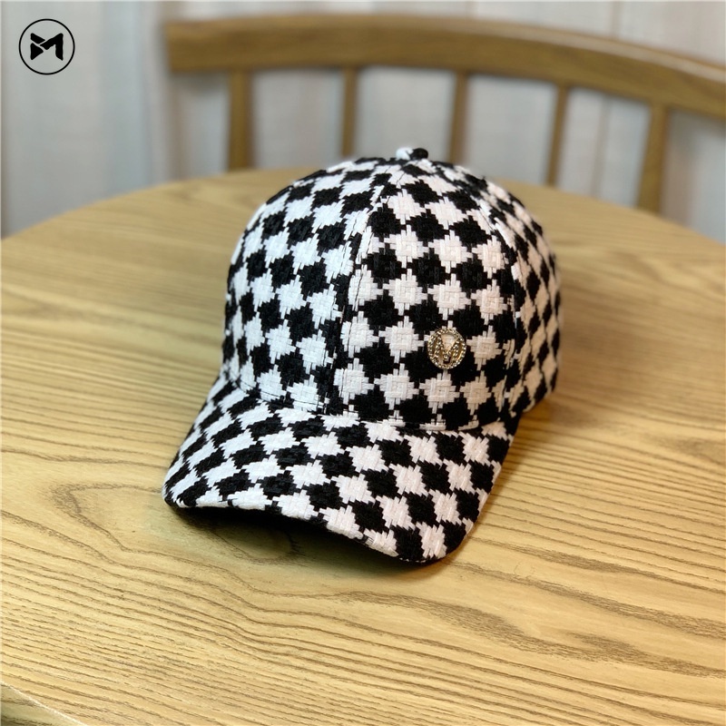 Topi Baseball Motif Kotak-Kotak Hitam Putih Aksen Berlian Imitasi Gaya Kasual Untuk Wanita-3