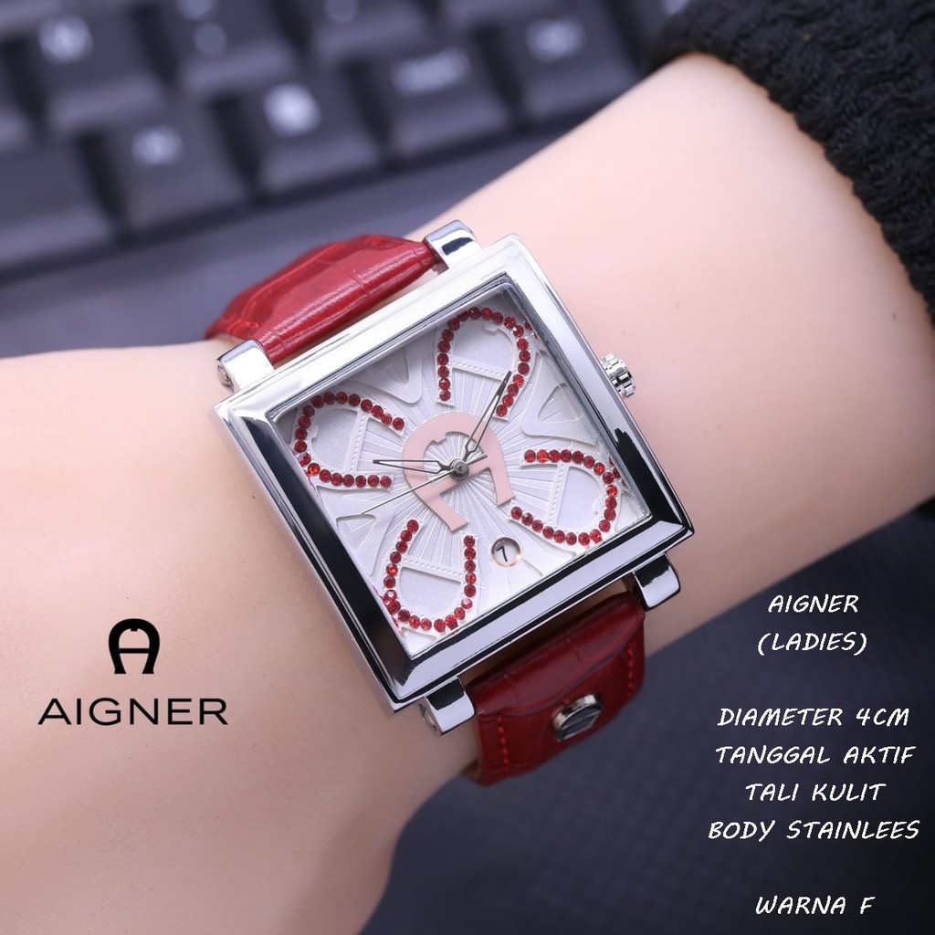 JAM TANGAN WANITA AIGNER TALI KULIT BODY STAINLEES SEGI TANGGAL AKTIF