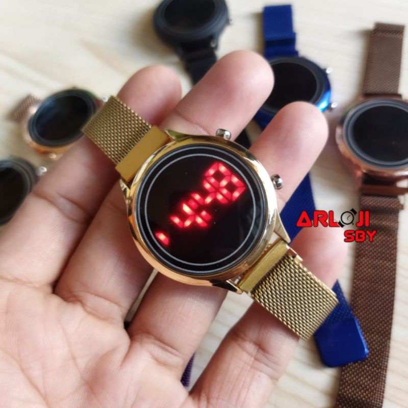 JAM TANGAN WANITA LED WATCH DIGITAL MAGNET MESH CONVEX BULAT MINI