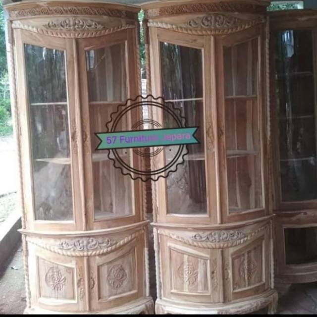 Almari Sudut Kaca jati ukir Jepara Bufet hias/Lemari Pajangan Mentahan