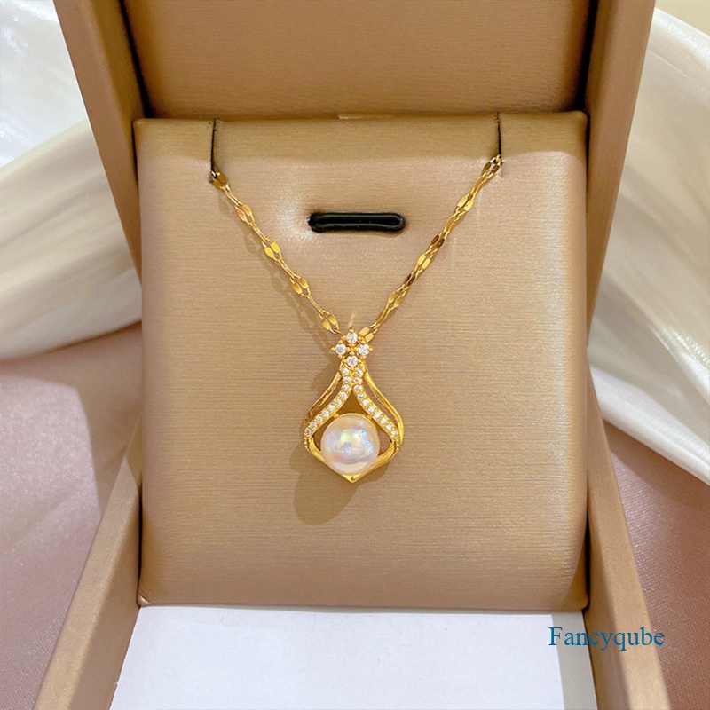 Fancyqube Kalung Liontin Mutiara Air Tawar Lapis Emas 14K Untuk Wanita