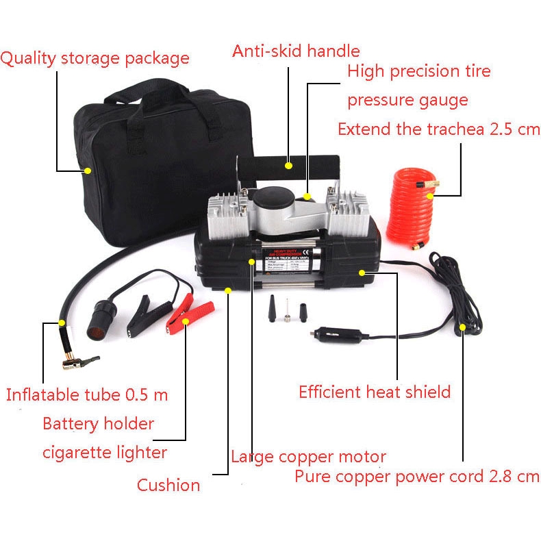 Pompa Ban Portable Bus/Truk Compressor Double Cylinder 12V 100 PSI