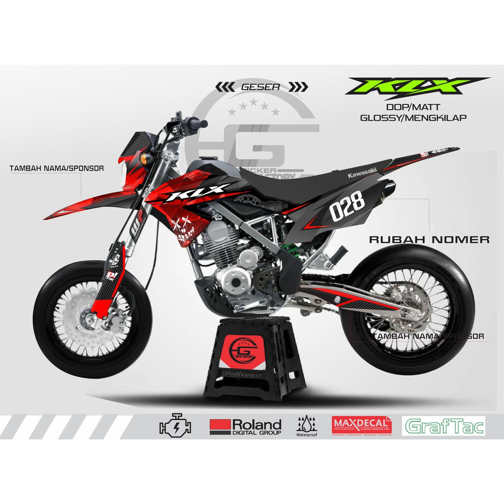 DECAL KLX 150 / BF / DTRACKER FULLBODY MERAH HITAM CUTOM NAMA NOMER START KODE 001