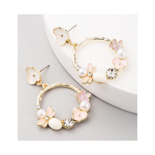 LRC Anting Tusuk Fashion Pink Flower Alloy Pearl Geometric Cutout Earrings D94297