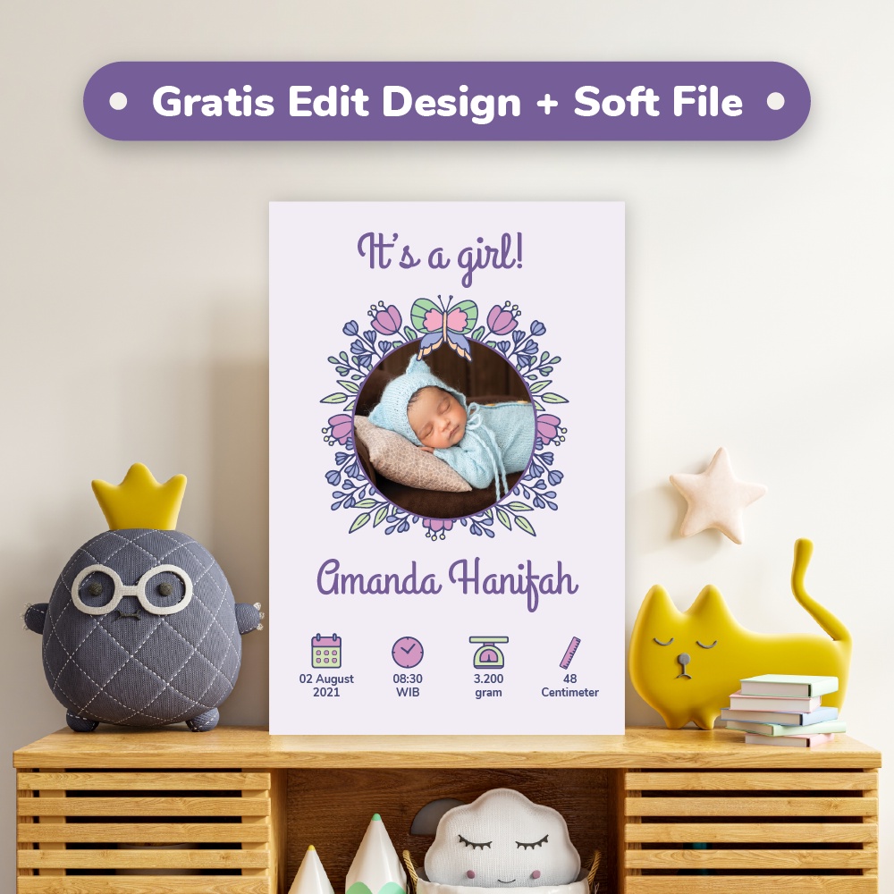 Hiasan Dinding Dekorasi Dinding Biodata Anak Bayi Perempuan Custom Kamar Tidur Bayi Cewek Kado Hadia