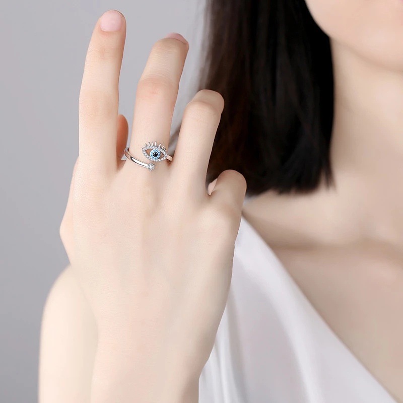 Cincin Model Terbuka Dapat Disesuaikan Desain Mata Iblis Biru Turki Bahan Cubic Zircon Untuk Wanita