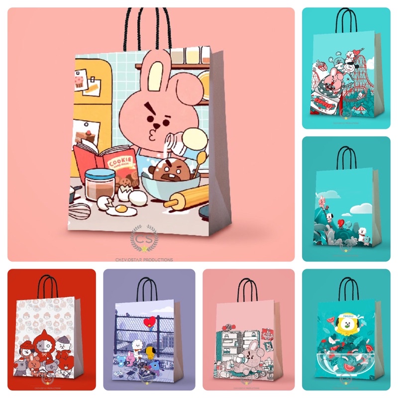 

paper bag bt21/size L/Paper bag kado/paper bag kertas kado/goodie bag/tas kado paper bag/paper bag kado ulang tahun/tas kertas/hampers birthday/souvenir ultah/paperbag custom/paper bag lucu/tas goodie bag/tas kado/kotak kado/kertas kado