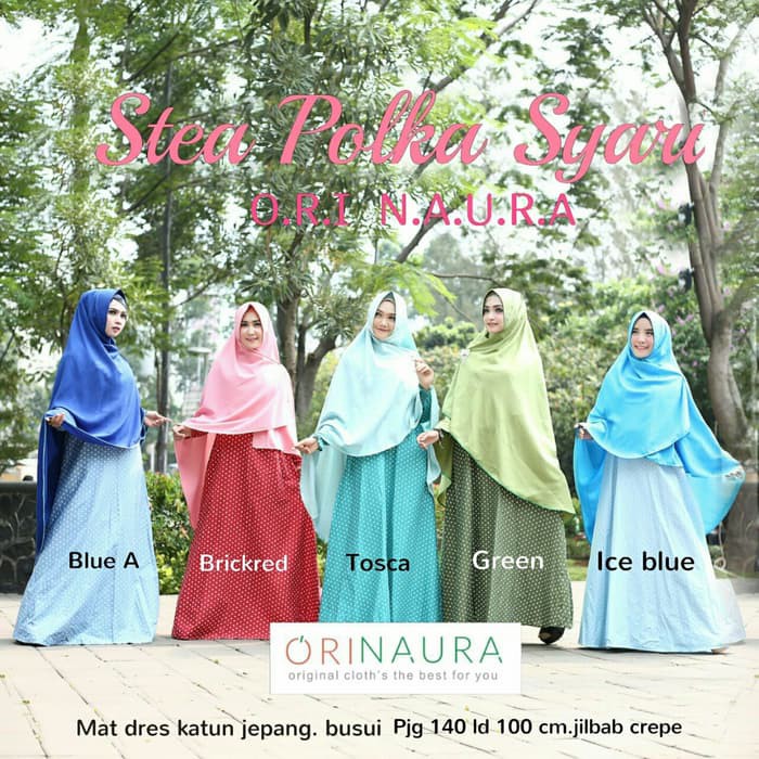 Terbaru Laris gamis katun jepang polkadot abaya syari stea poka ori naura