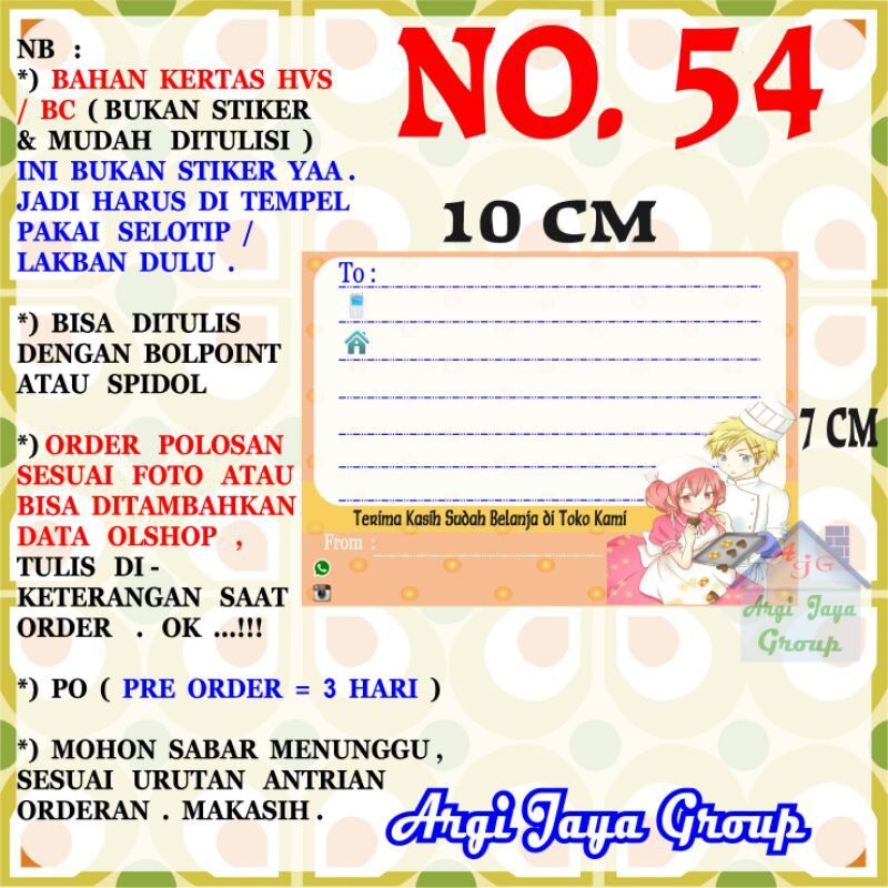 

Label Pengiriman Alamat Olshop Murah Nomer 54 - 10x7cm - Kertas BC (Manila)