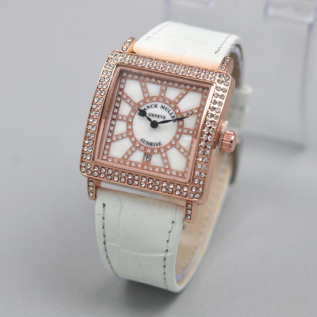 Jam Tangan Wanita Fashion Y31058 Tali Kulit Tanggal Aktif Case Permata Free Box &amp; Baterai