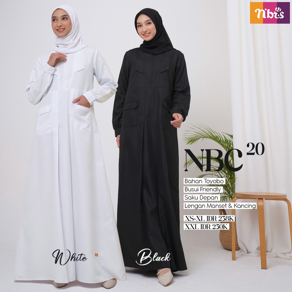 Nibras NBC 20 Gamis Putih dan Hitam Polos Bahan Toyobo Simple by NBRS