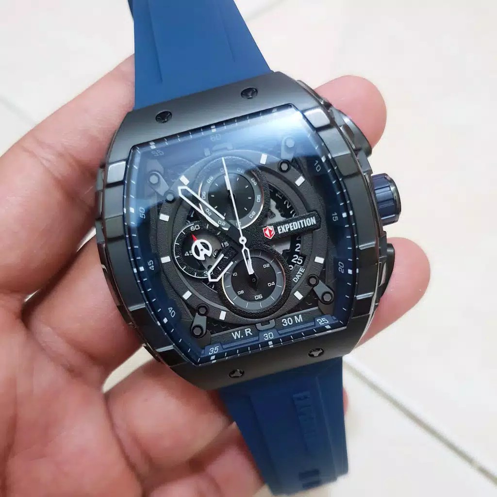 Jam Tangan Original Expedition E 6751 pria tali karet biru hitam