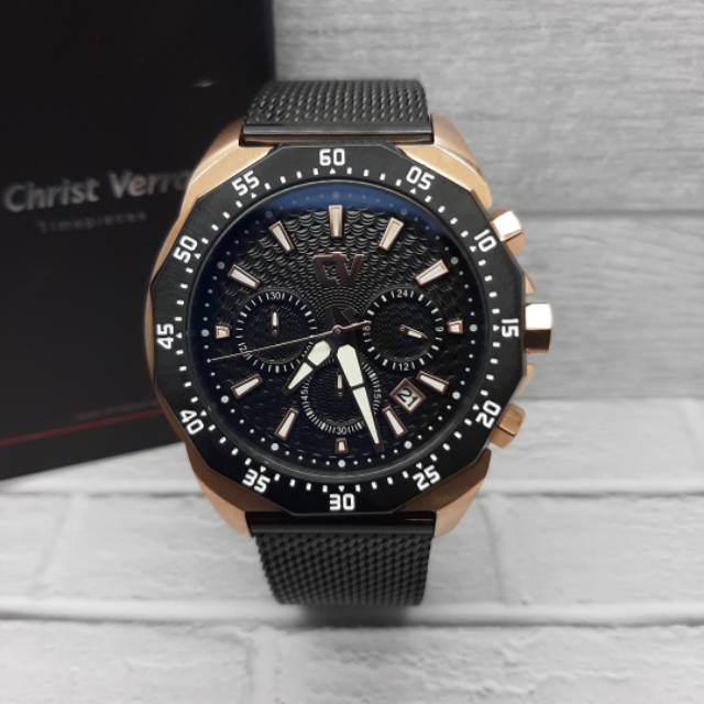 JAM TANGAN PRIA CHRIST VERRA CV 71611G-48 ORIGINAL ( BLACK ROSEGOLD )
