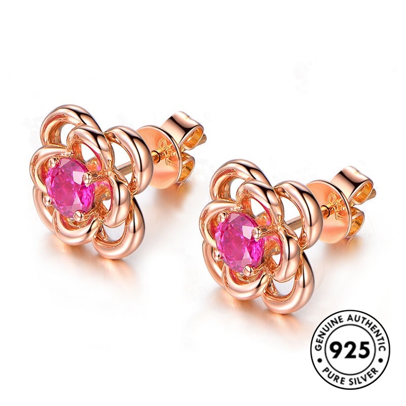 Anting Tusuk Sterling Silver 925 Model Bunga Ruby Warna Rose Gold Untuk Wanita