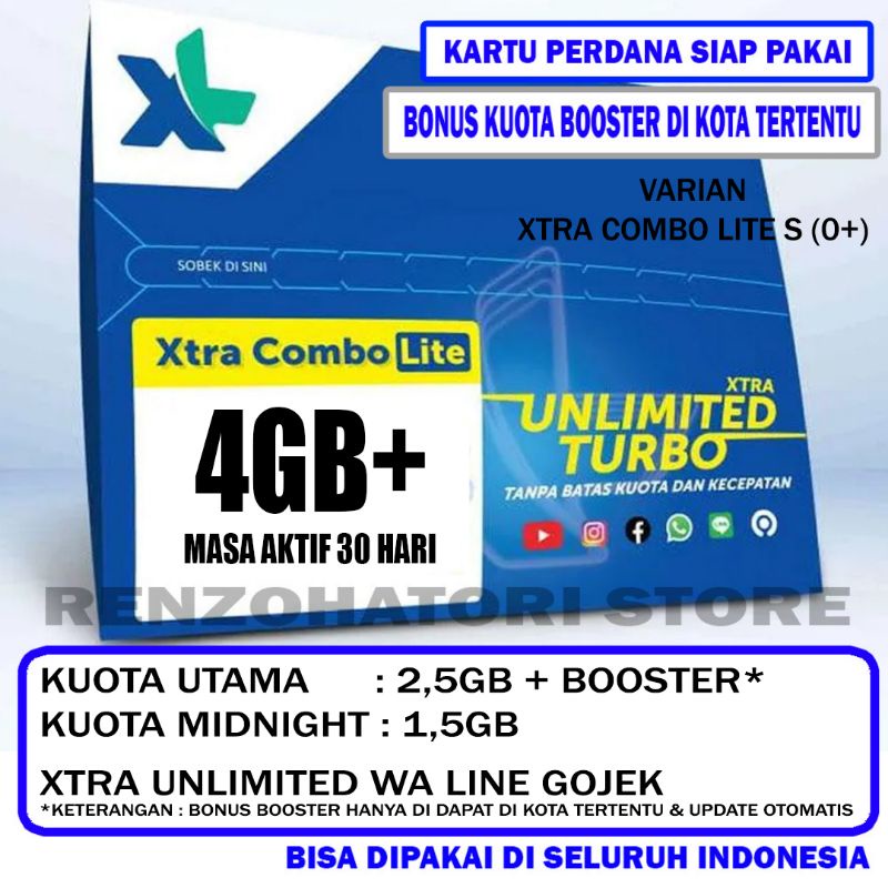 Kartu Perdana XL 4GB Unlimited Turbo Combo Lite Xtra Utama 2.5GB Midnight 1.5GB
