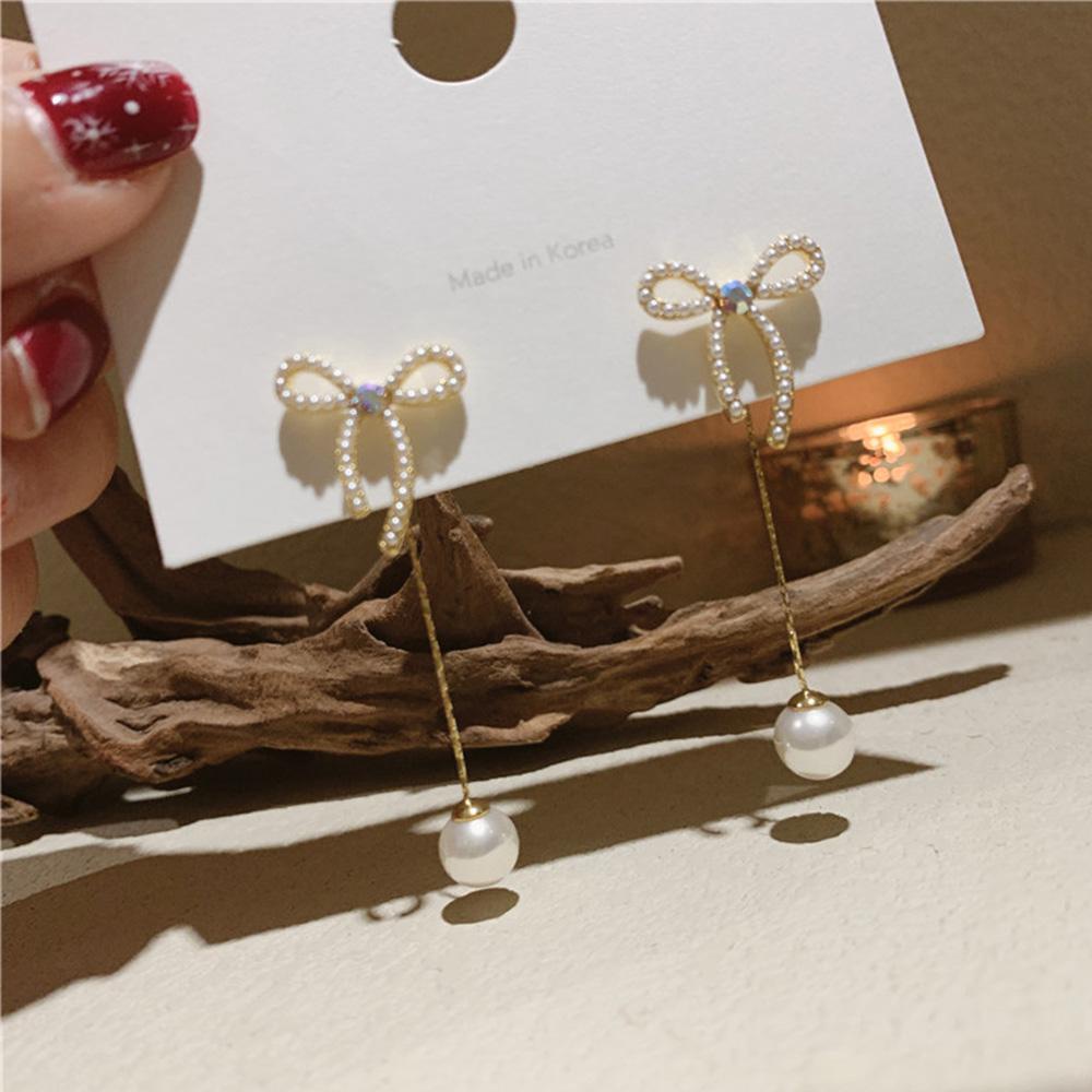 NEEDWAY Anting Stud Wanita Hadiah Trendi Rumbai Korea Busur Mutiara Pearl Earring