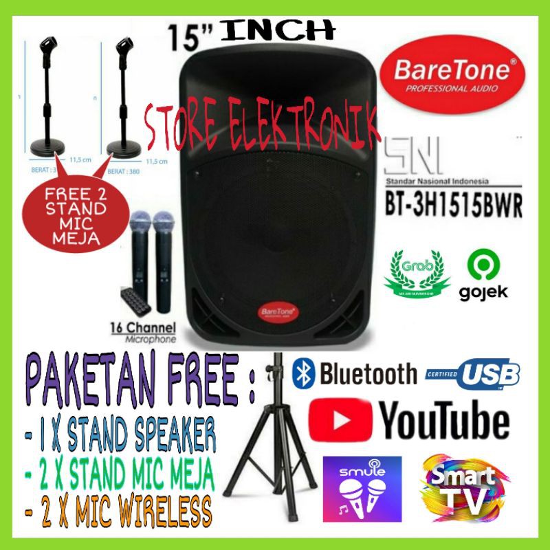 Speaker Baretone BT-3H 1515 BWR Speaker Portable 15 Inch Mic Wireless 2 Handheld